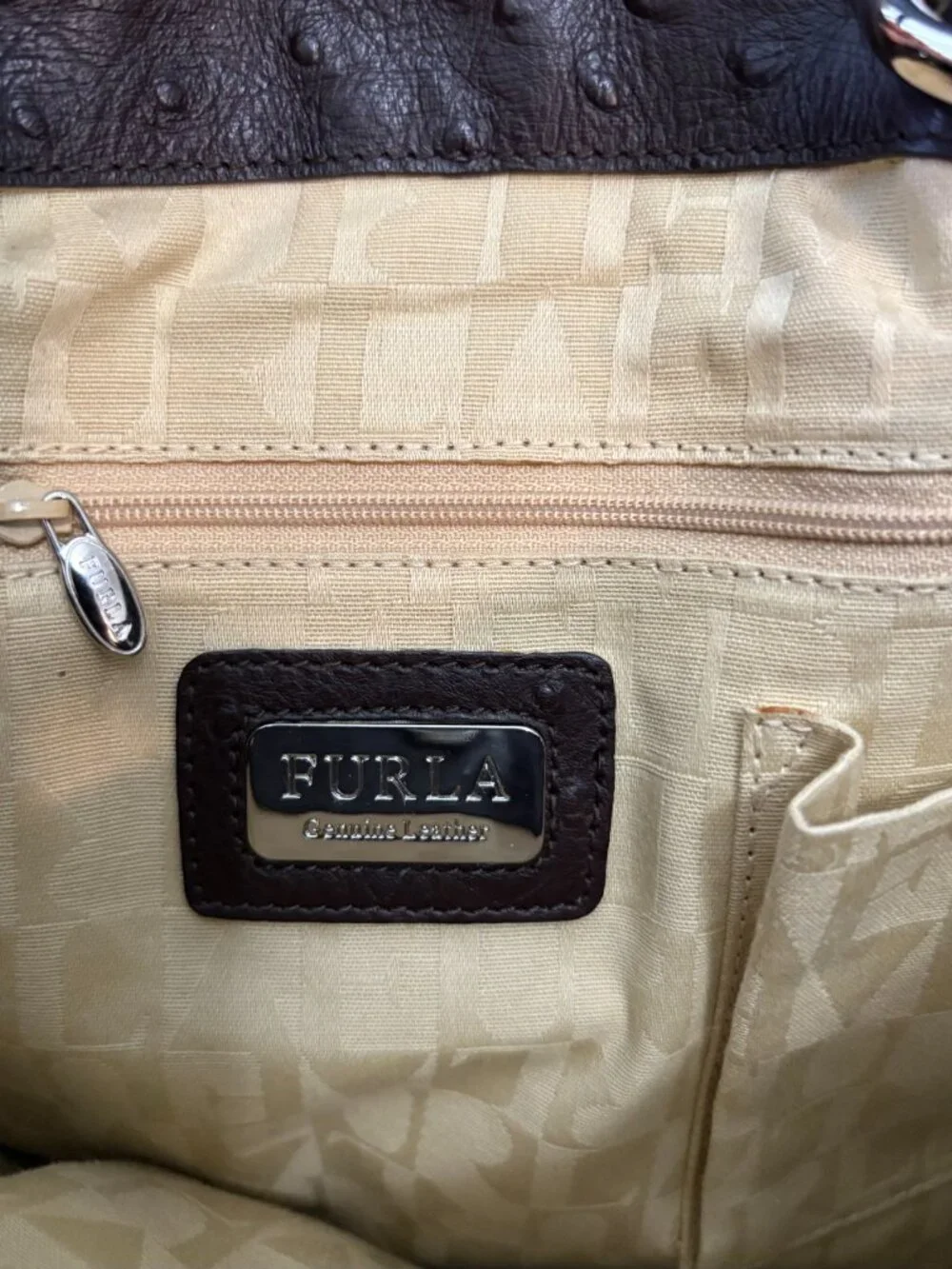Auth FURLA Genuine Ostrich Embossed Leather Satchel Bag GORGEOUS!